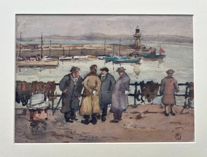 Three early 20th-century artworks depicting harbour scenes with fishermen, boats, and a lighthouse in St Ives. View VII