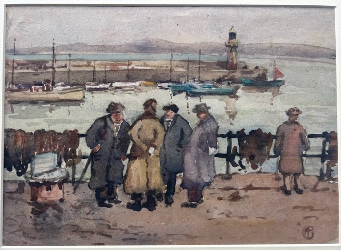 Three early 20th-century artworks depicting harbour scenes with fishermen, boats, and a lighthouse in St Ives. View VIII