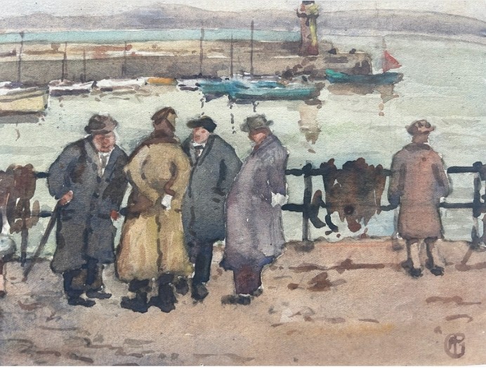Three early 20th-century artworks depicting harbour scenes with fishermen, boats, and a lighthouse in St Ives. View IX