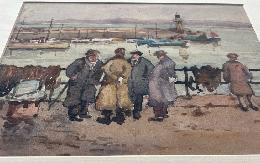 Three early 20th-century artworks depicting harbour scenes with fishermen, boats, and a lighthouse in St Ives. View X