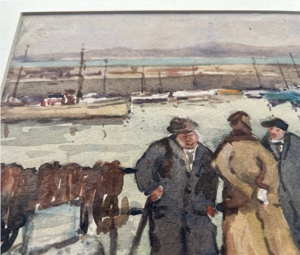 Three early 20th-century artworks depicting harbour scenes with fishermen, boats, and a lighthouse in St Ives. View XI