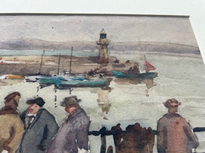 Three early 20th-century artworks depicting harbour scenes with fishermen, boats, and a lighthouse in St Ives. View XII