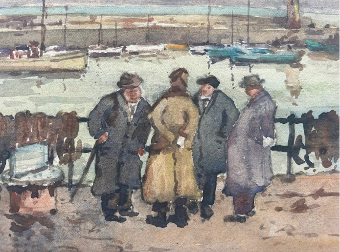 Three early 20th-century artworks depicting harbour scenes with fishermen, boats, and a lighthouse in St Ives. View XIII