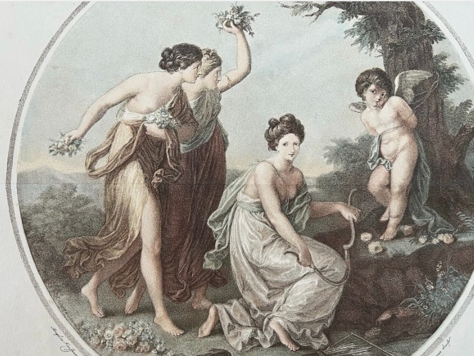 Original 1888 Victorian Antique Engraving Colour Print Angelica Kauffman Three Graces View VIII