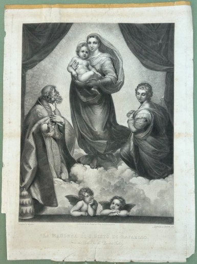A nineteenth-century monochrome steel engraving depicting the Sistine Madonna and Child flanked by saints and cherubs. View II