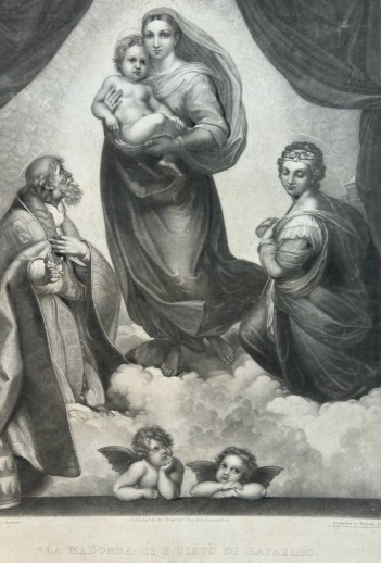 A nineteenth-century monochrome steel engraving depicting the Sistine Madonna and Child flanked by saints and cherubs. View III