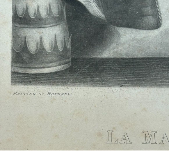 A nineteenth-century monochrome steel engraving depicting the Sistine Madonna and Child flanked by saints and cherubs. View IV