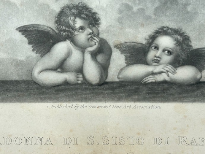 A nineteenth-century monochrome steel engraving depicting the Sistine Madonna and Child flanked by saints and cherubs. View V