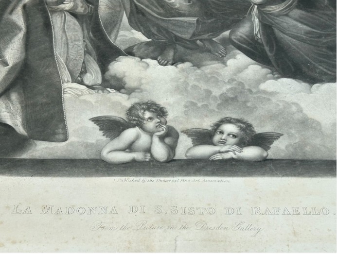 A nineteenth-century monochrome steel engraving depicting the Sistine Madonna and Child flanked by saints and cherubs. View VII