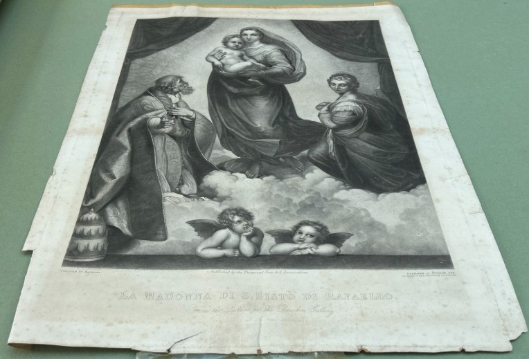 A nineteenth-century monochrome steel engraving depicting the Sistine Madonna and Child flanked by saints and cherubs. View VIII