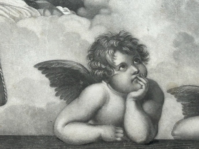 A nineteenth-century monochrome steel engraving depicting the Sistine Madonna and Child flanked by saints and cherubs. View X