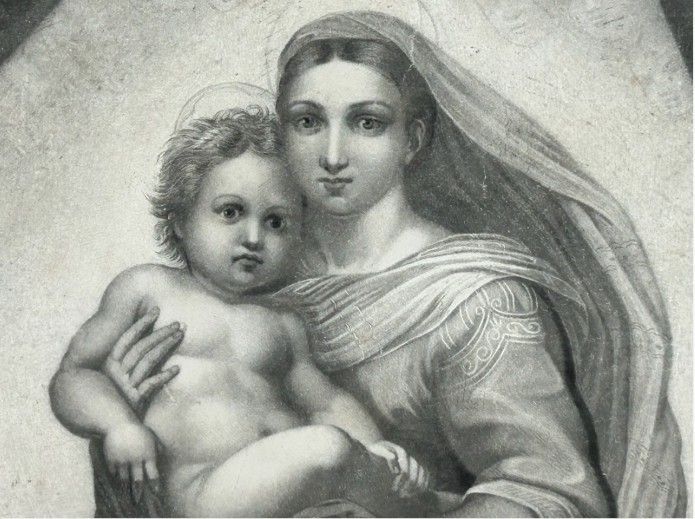 A nineteenth-century monochrome steel engraving depicting the Sistine Madonna and Child flanked by saints and cherubs. View XI