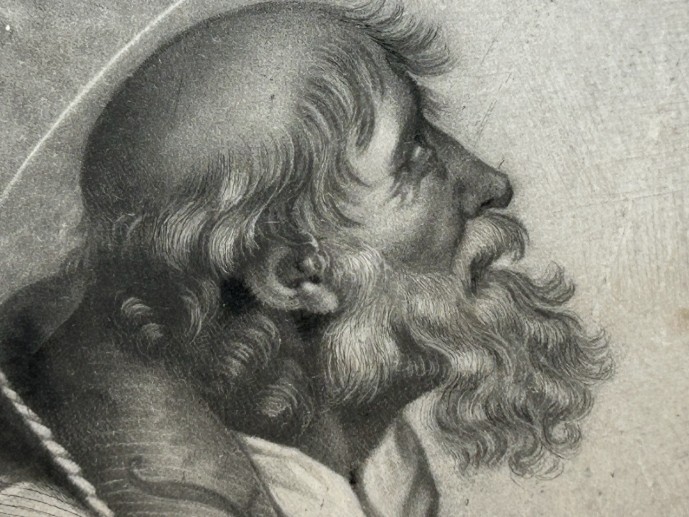 A nineteenth-century monochrome steel engraving depicting the Sistine Madonna and Child flanked by saints and cherubs. View XII