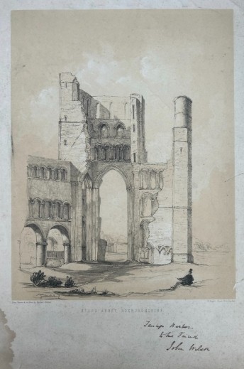 A mid-19th-century monochrome lithograph detailing the stone arches and ruined towers of Kelso Abbey.