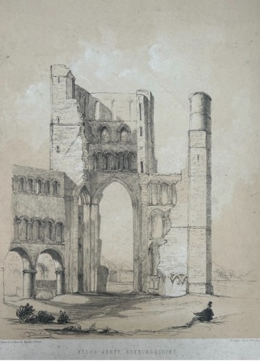 A mid-19th-century monochrome lithograph detailing the stone arches and ruined towers of Kelso Abbey. View II