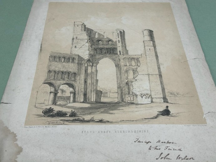 A mid-19th-century monochrome lithograph detailing the stone arches and ruined towers of Kelso Abbey. View IV