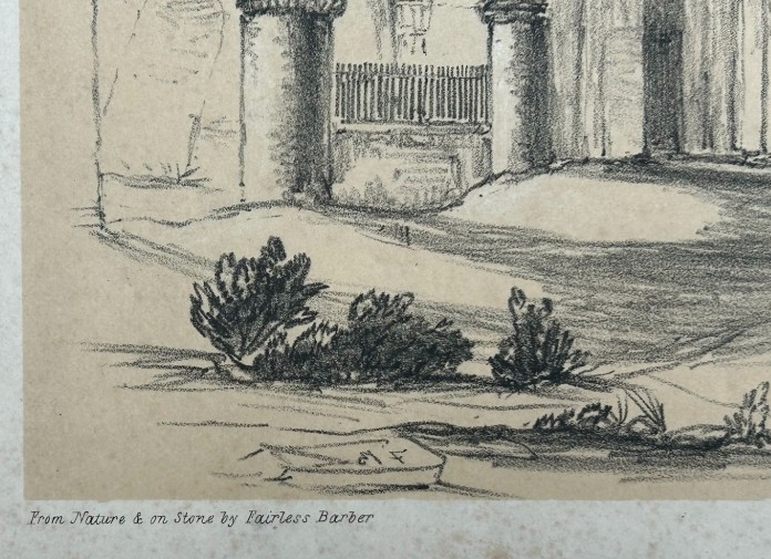 A mid-19th-century monochrome lithograph detailing the stone arches and ruined towers of Kelso Abbey. View V