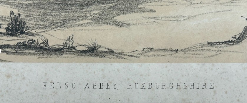 A mid-19th-century monochrome lithograph detailing the stone arches and ruined towers of Kelso Abbey. View VII