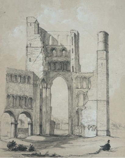 A mid-19th-century monochrome lithograph detailing the stone arches and ruined towers of Kelso Abbey. View VIII