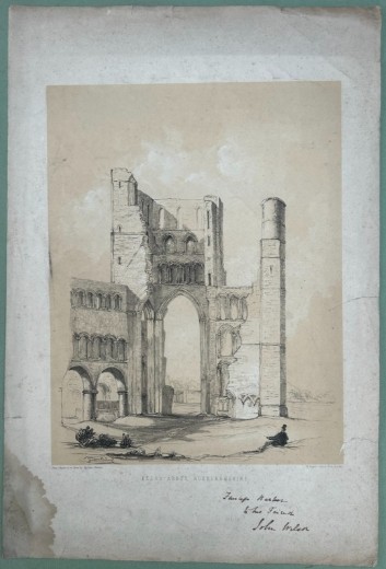 A mid-19th-century monochrome lithograph detailing the stone arches and ruined towers of Kelso Abbey. View IX