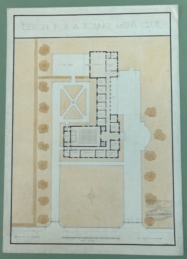 An original 1932 architectural floor plan drawing on cream paper depicting the layout and grounds for a young mens club. View II