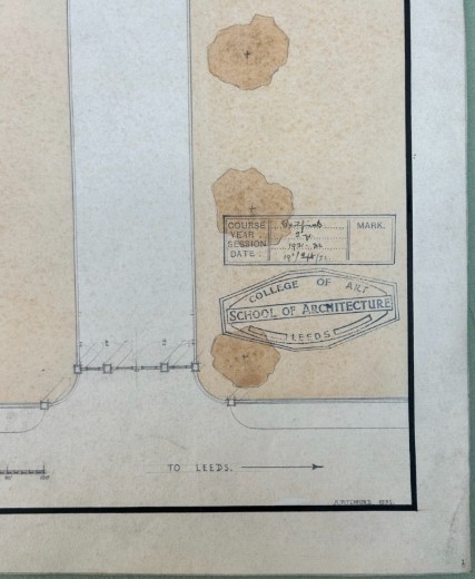 An original 1932 architectural floor plan drawing on cream paper depicting the layout and grounds for a young mens club. View III