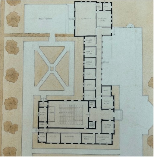 An original 1932 architectural floor plan drawing on cream paper depicting the layout and grounds for a young mens club. View IV