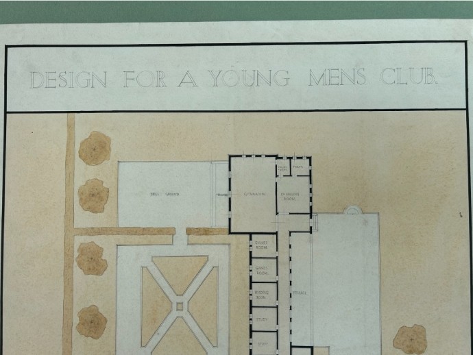 An original 1932 architectural floor plan drawing on cream paper depicting the layout and grounds for a young mens club. View V