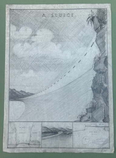 A 1934 graphite architectural study on paper titled A Sluice, showing a perspective reservoir view above technical cross-section diagrams.