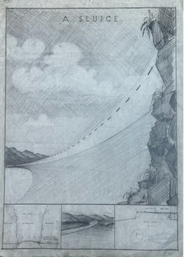A 1934 graphite architectural study on paper titled A Sluice, showing a perspective reservoir view above technical cross-section diagrams. View II