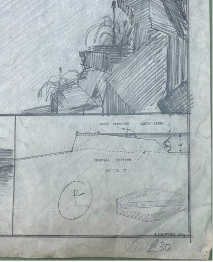 A 1934 graphite architectural study on paper titled A Sluice, showing a perspective reservoir view above technical cross-section diagrams. View III