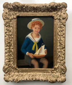 WALTER GOODIN ORIGINAL EARLY 20TH CENTURY ANTIQUE OIL PAINTING ON BOARD PORTRAIT OF A BOY IN A SAILOR SUIT HOLDING A MODEL BOAT