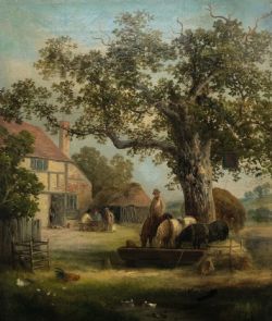 ATTRIBUTED TO WILLIAM SHAYER ORIGINAL 19TH CENTURY ANTIQUE OIL PAINTING ON CANVAS OUTSIDE RED LION INN ENGLISH COUNTRY LANDSCAPE