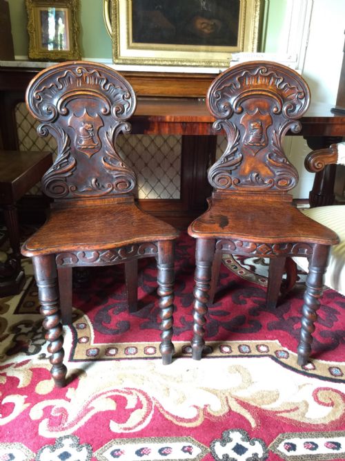pair of early victorian oak hall chairs by robert strahan dublin - CATEGORY: ANTIQUE CHAIRS - DATED VICTORIAN