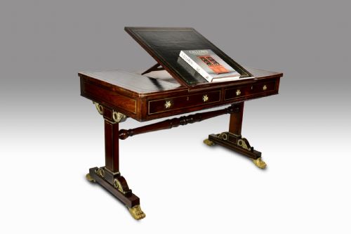 superb important regency rosewood brass inlaid library reading table with ormolu mounts attributed to gillows - CATEGORY: ANTIQUE TABLES - DATED REGENCY