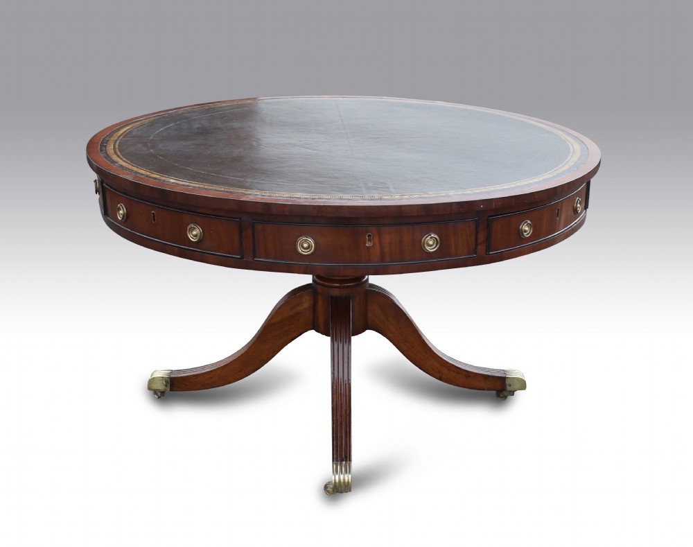A REGENCY MAHOGANY & EBONY DRUM TABLE.