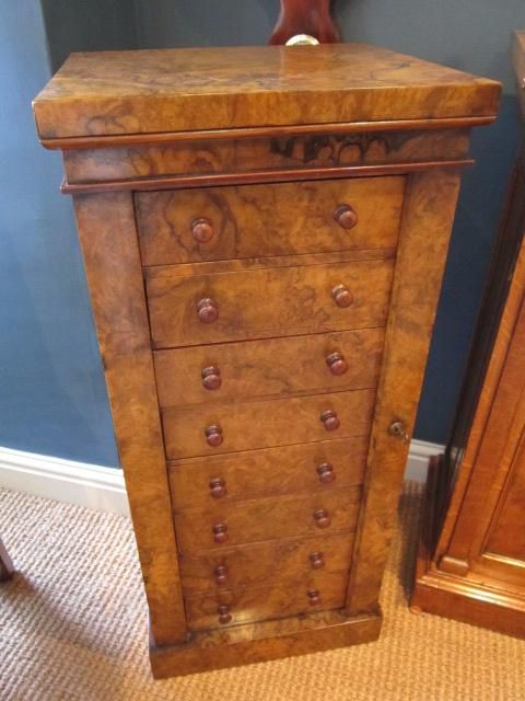 Small Mid Victorian Burr Walnut Wellington Chest