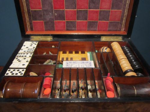 fig 1. ORIGINAL VICTORIAN BURR WALNUT GAMES COMPENDIUM