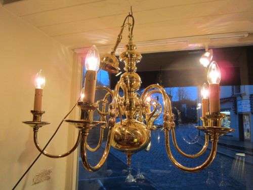 Elegant Edwardian Brass Six Arm Chandelier