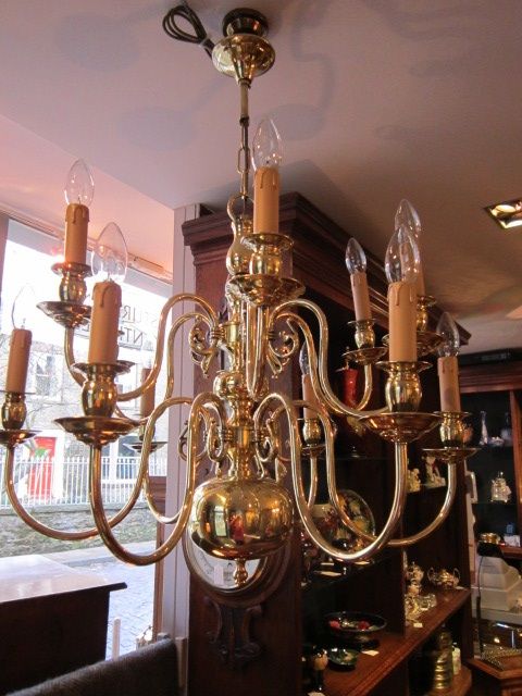 Compact Edwardian Two Tier Brass Chandelier