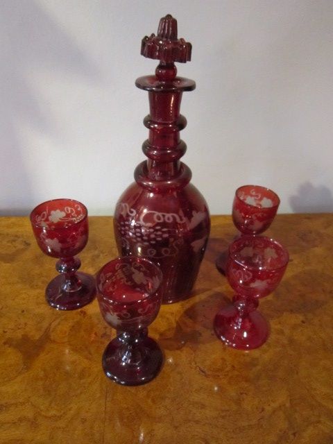 Late Georgian Ruby Liquer Decanter Set
