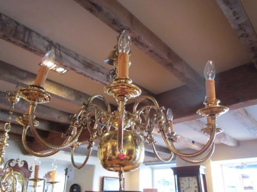 Edwardian Brass Reeded Arm Chandelier