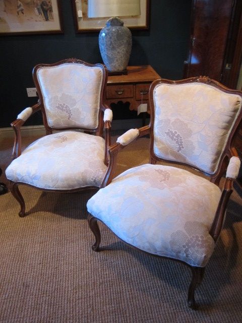 Pair of Victorian Walnut Open Armchairs