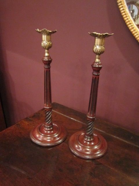 Pair George III Mahogany Reeded Candlesticks