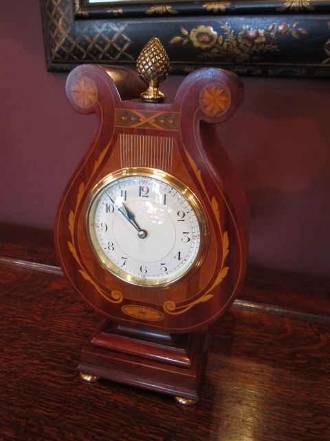 Superb Edwardian Inlaid Lyre Shaped Mantel Clock