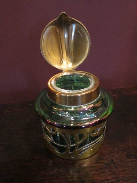 Unusual Art Nouveau Lustre Glass Inkwell