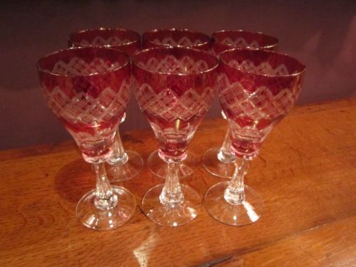 Superb Set of Six Cranberry Cut Wine Glasses