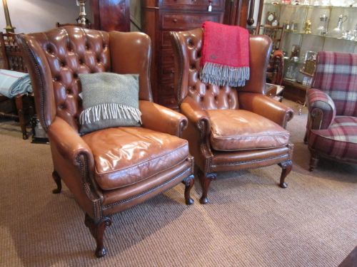 Superb Pair of 1920'S Leather Wing Armchairs
