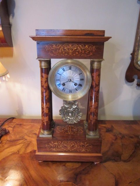 Early Victorian Marquetry Inlaid Portico Clock
