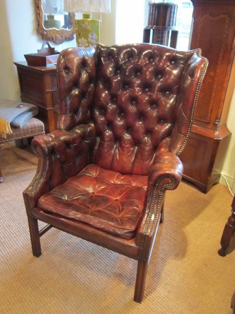 Superb 1920'S Leather Buttoned Wing Armchair